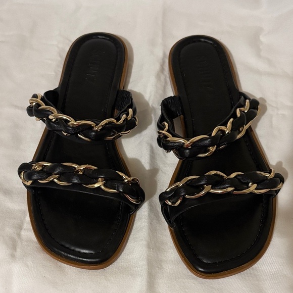 SCHUTZ Shoes - SCHUTZ Black Sandals flats with Gold Chain Detail